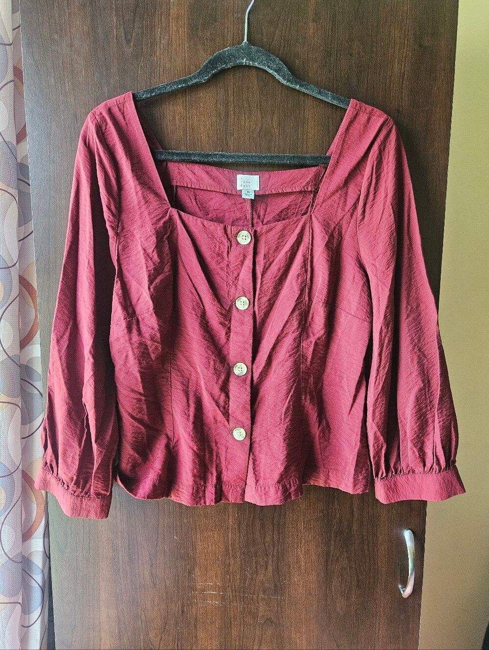 a new day Burgundy Button-Front Square Neck Long Sleeve Blouse Size Medium